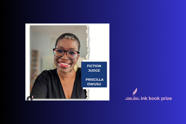Priscilla Owusu, Ink Book Prize Fiction Judge Portrait of Priscilla Owusu, fiction judge, with Ink Book Prize logo